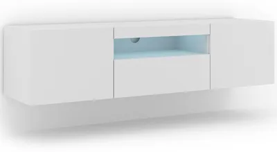 Image de Meuble TV bas Aura 150 cm Suspendu ou posé au sol Meuble bas universel Meuble TV Buffet Table hi-fi Suspendu Blanc mat avec LED