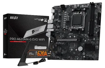 Zdjęcie produktu dla MSI Pro A620AM-G EVO WIFI, AMD, Gniazdo AM5, AMD Ryzen 7000 Series, AMD Ryzen 8000 Series, AMD Ryzen 9000 Series, Gniazdo AM5, DDR5-SDRAM, 128 GB