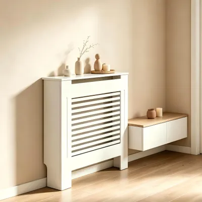 Obrázok produktu pre WISFOR Kryt radiátora Kryt vykurovacieho telesa s policou Kryt radiátora Parallel Lamell White, 78x19x92cm