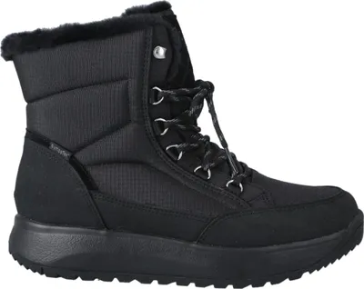 A black winter boot is shown against a white background.