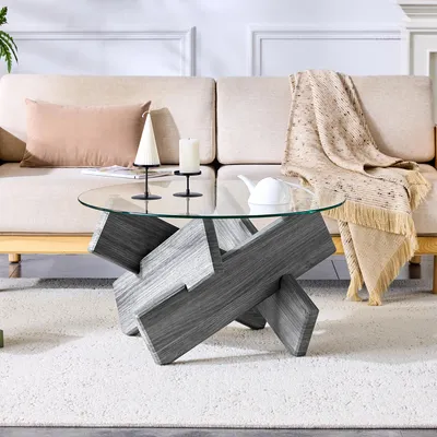 Image de Table basse ronde de 79 cm, verre et MDF, pieds en croix à texture grise, style moderne