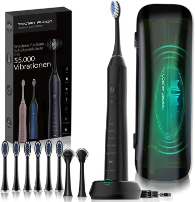 Produktbild von Elektrische Schallzahnbürste 55.000 Vibrationen, 5 Modi, 60 Tage Akku, UV Reiseetui, 6 Bürstenköpfe, 2 Zungenreiniger, IPX7 Set