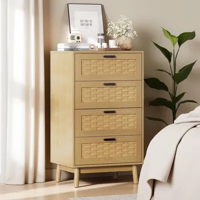 Immagine prodotto di Comodino in rattan con 4 cassetti, realizzato in legno, con finitura in legno naturale