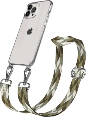 Produktbild von EAZY CASE Handykette - Verstellbarer Trageriemen kompatibel mit Apple iPhone 13 Pro Max, Handykordel mit transparenter Silikon-Hülle, Karabiner Silber, Mix Style, Band in Grün