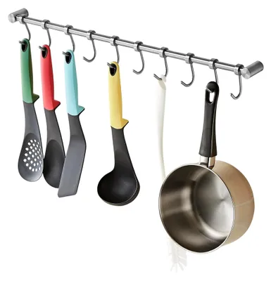 Produktbild von Hängendes Geschirrregal mit 10 abnehmbaren Haken, Küchenleiste für Pfannen, Edelstahl, wandmontiertes Regal für Werkzeuge, Messer, Töpfe, gebürstetes Nickel