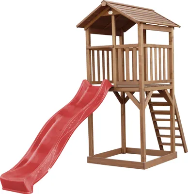 Produktbild von AXI Beach Tower Spielturm aus Holz in Braun | Spielhaus für Kinder mit roter Rutsche und Sandkasten | Stelzenhaus für den Garten