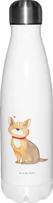 Produktbild von Mr. & Mrs. Panda Trinkflasche Hund Glück - Weiß - Geschenk, Wasserflasche, Liebe, Corgie, Trinkgefäß, Thermos, thermosflaschen, Teeflasche, Herz, Sprüche, Spruch