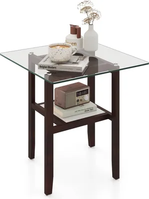 Produktbild von Quadratischer Beistelltisch, Sofatisch mit Platte aus gehärtetem Glas und zusätzlicher Ablagefläche, Akzenttisch mit Rahmen aus massivem Gummibaumholz