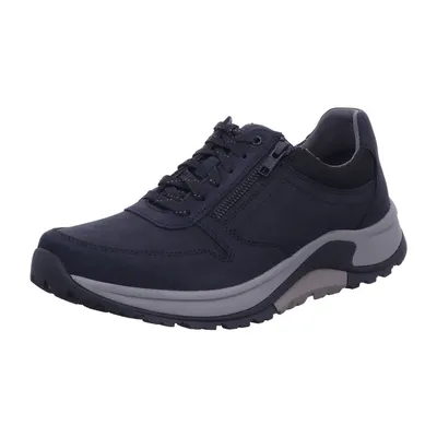 A single blue and gray men's shoe is shown against a white background.