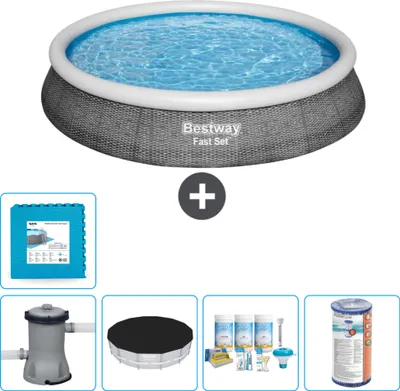 Obrázek produktu pro Bestway kulatý nafukovací rychlosetový bazén - ratanový potisk - 396 x 84 cm - včetně krytu čerpadla - balíček na údržbu - filtr - dlažba