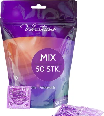 Produktbild von VIBRATISSIMO Kondome Mix 50er Pack gemischt | gefühlsecht & extra feucht | Beutel dünne Wandstärke & Aromatisiert | hauchzart genoppt & gerippt