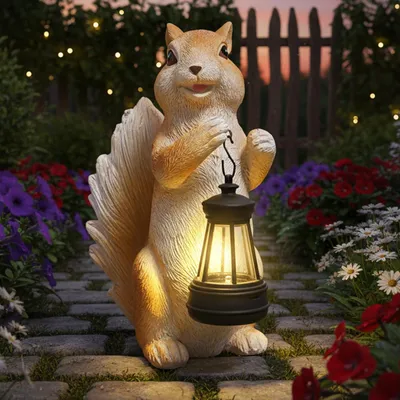 Produktbild von Gartendekoration mit Eichhörnchenmotiv – Solarbetriebene Eichhörnchenfigur, wetterfeste Gartendekoration mit Laternen, Gartenfiguren für Garten, Balkon, Zimmer, Geschenk für Horrorfans