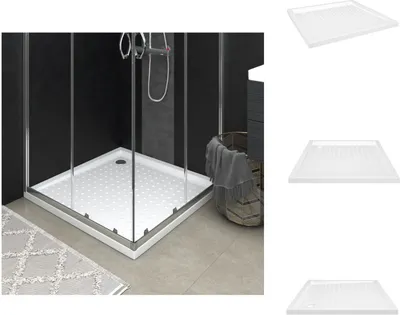 A shower tray is shown in a modern bathroom setting, with additional product images on the right.