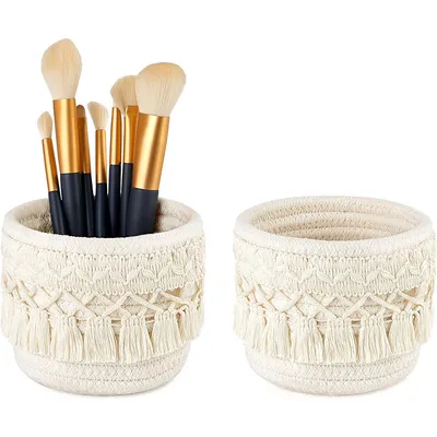 Produktbild von Boho Pinselhalter  10×10 cm,Mini Aufbewahrungskorb aus Baumwollseil, Kosmetik-Organizer in Weiß