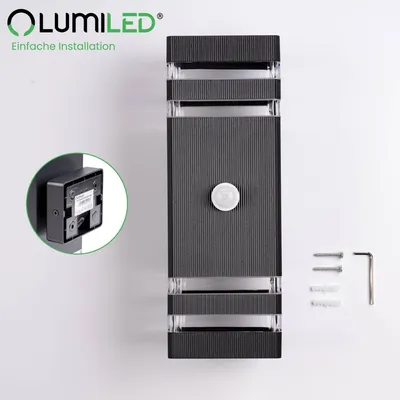 Produktbild von LUMILED Außenwandleuchte mit Bewegungsmelder Wandlampe Außenleuchte Wand GU10 Fassung (max. 12W LED) IP54 Wandleuchter oben und unten Terrasse Fassade rechteckig Kunststoff