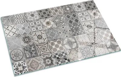 Produktbild von Dekorative Fliesenmuster – Glasbodenplatte für – Kaminofen – Kaminplatte Glas – Schutzglas – Funkenschutzplatte –Glasbodenplatte Feuerfeste – Hitzeschutzplatte – Bodenschutz aus Glas – 100x70 cm