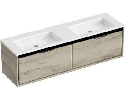 Produktbild von Sanox Badmöbel-Set Loft BxHxT 160,5 x 47 x 45,5 cm Frontfarbe craft oak mit Doppel-Waschtisch Mineralguss weiß Griff chr
