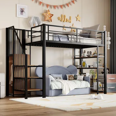 Image de Sweiko Lit surélevé 90x200, avec escalier de sécurité, espace de rangement et petite armoire, étagères, design de clôture haute, lit simple, lit pour adolescents, noir (