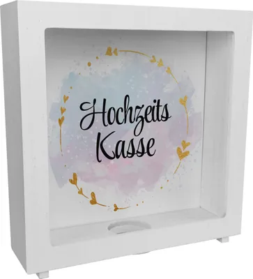 Produktbild von Hochzeit Rahmen Spardose aus Holz mit dekorativem Design und goldenen Herzen -