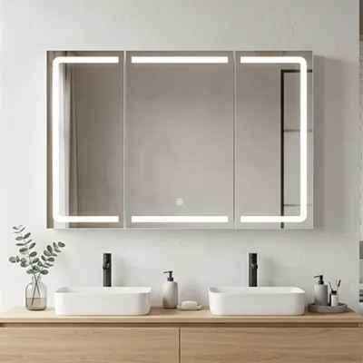 Produktbild von BEALIFE Spiegelschrank Bad, 80x16x60 cm mit LED-Licht, Steckdose & Seitenablage | Verstellbare Spiegeltüren | Badmöbel in Weiß | AP101