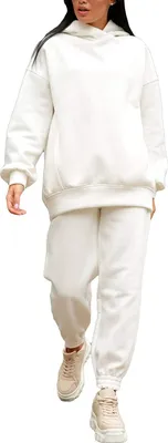 Produktbild von ASKSA Damen 2 Teilig Set Trainingsanzug Freizeitanzug Sportanzug Kapuzenpullover Jogginganzug, Weiß, XL