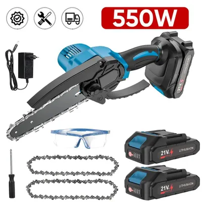 Image de Mini-tronçonneuse 15 cm - Tronçonneuse électrique sans fil - Scie à élaguer puissante pour le bois et le jardin - Lubrification automatique de la chaîne - Avec 2 batteries