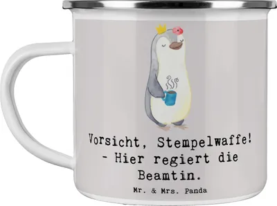 Produktbild von Mr. & Mrs. Panda Pott Beamtin Stempelwaffe - Grau Pastell - Geschenk, Büro, Emaille Tasse, Teetasse, Bürokratie, Beamte, Geschenke für Berufstätige, Haferl, mit Herz