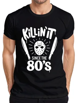 Productafbeelding van Killin' It - Horrorfilm uit de jaren 80, slasher masker, machete, Halloween, heren T-shirt, zwart, maat M