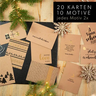 Weihnachtskarten-Set Aus Kraftpapier – 30 Karten, DIN A6 (15x10 Cm) – Mit Verschiedenen Weihnachtsmotiven, Für Grüße & Geschenke