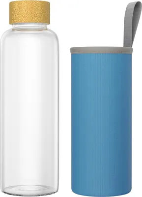 Produktbild von JOIEYOU Glasflasche mit Holz Deckel 550ml Trinkflasche aus Glas mit Schutzhülle Glastrinkflasche Luftdicht Auslaufsicher Wasserflasche Glas für Heiße Kalte Getränke 1 stück, Blau