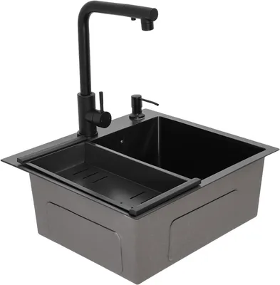 Produktbild von Küchenspüle 50x45cm Edelstahl Set mit Wasserhahn und Seifenspender, Schwarz Einbauspüle
