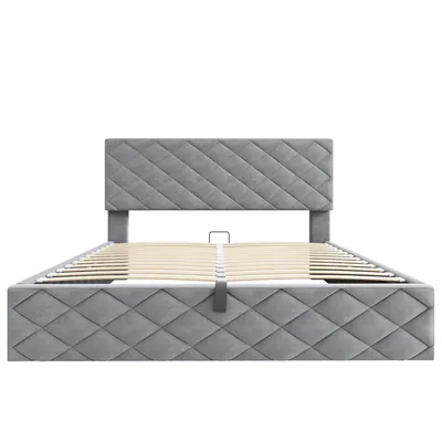 Produktbild von Merax Hydraulisches Boxspringbett 140x200cm mit Bettkasten, Lattenrost und gepolsterten Kopfteil, Polsterbett Funktionsbett Doppelbett aus Velvet,Grau