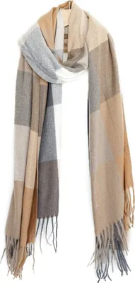 Produktbild von Moderner Schal mit Fransen in Karomuster - Halstuch für Damen, 70 x 180 cm Beige/Grau