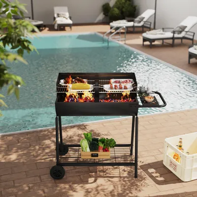 Produktbild von Livingandhome BBQ Holzkohlegrill mit verstellbaren Rosten, Ablage und Rädern, 107.5x54.5x93cm, Schwarz