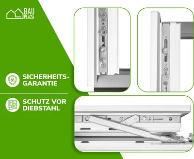 A collage of close-up images showing the locking mechanism and hinges of a white window, with green graphic elements and text on the left side.