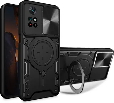 Produktbild von Handyhülle für Xiaomi Poco M4 Pro 4G Dual-Layer Stoßfest Rüstung Hülle mit Dia Kameraschutz und Kreisförmig Ring Ständer Schwarz