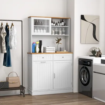 Image de COSTWAY armoires de salon avec rehausse, armoire à provisions de cuisine avec plan de travail en bois caoutchouté, armoire à poubelles de recyclage indépendante de 38 L