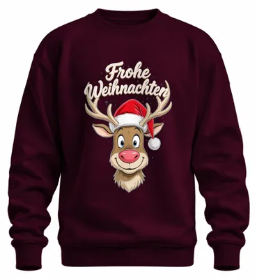 Productafbeelding van Vrolijke kersttrui met een schattige rendierillustratie, met een kerstmuts, grappig, uni, kleur: bordeauxrood, maat: XXL