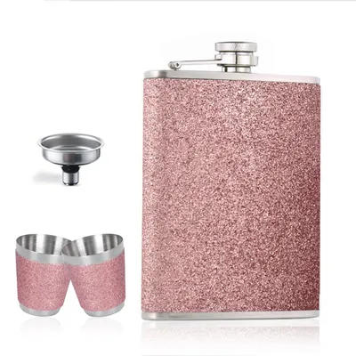 Flachmann rosa Glitzer 220 ml inkl. Trichter & 2 Gläser