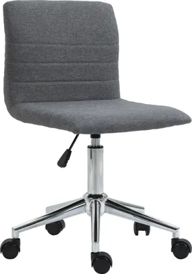 A gray office chair with a chrome base and wheels.