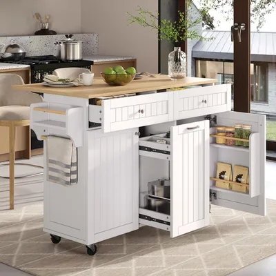 Image de Îlot de cuisine à roulettes, îlot de cuisine extensible avec tiroirs multifonctions, îlot de cuisine mobile Idéal pour la cuisine et la salle à manger (Blanc)