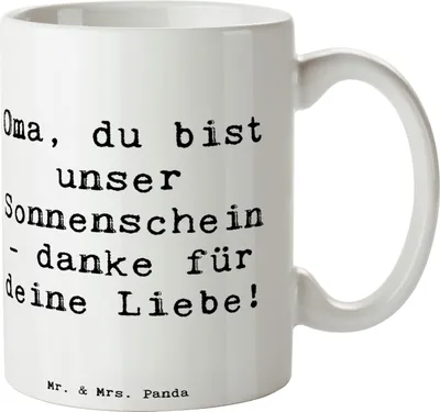 Produktbild von Mr. & Mrs. Panda Trinkbecher Spruch Oma Sonnenschein - Weiß - Geschenk, Kaffeetasse, Tasse, handgefertigt, Kaffeebecher, Kakaotasse, Aufmerksamkeit, für kaffee, Danke