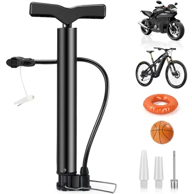 Zdjęcie produktu dla Pompa do opon rowerowych, wysokociśnieniowa, 130 psi, z 3 końcówkami, w tym z igłą do pompowania piłek, przeznaczona do rowerów i piłek sportowych