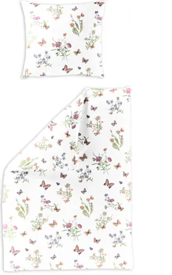 Produktbild von Bierbaum Mako-Satin Bettwäsche - bunte Blümchen, Schmetterlinge, weiß 135 x 200 cm bunte Blümchen und Schmetterlinge auf weißem Hintergrund