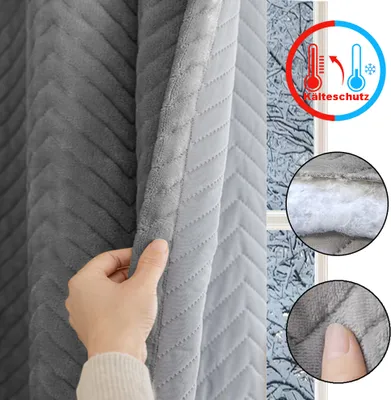 Produktbild von Thermovorhang Kälteschutz Kräuselband Stangendurchzug, Verdunklungsvorhang Flanell Blickdicht 350g/m² Winter Wohnzimmer Schlafzimmer 140x213cm Grau