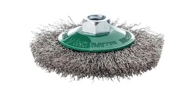 Zdjęcie produktu dla Szczotka stożkowa D.100mm grubość drutu 0.30mm VA karbowana 10mm 15000min-¹ 1 LESSMANN