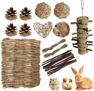 Produktbild von 22pcs Bunny Hamsters Chew Toys Set, Stroh Gewebt Bett Matte & Kaninchen Haustier Zahn  Natš¹rlichen Apfel Holz Gras Kuchen Ideal
