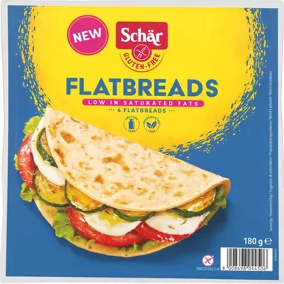 Packaging for Schär Flatbreads with a picture of a filled flatbread.