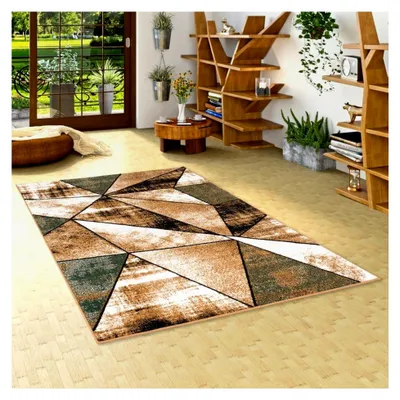 Produktbild von Moderner Designer Teppich für Wohnzimmer, Schlafzimmer und Esszimmer, Kurzflor in Beige und Grün