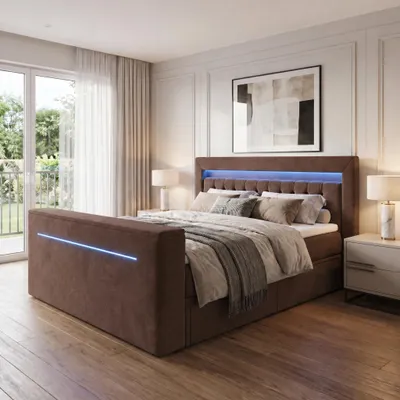 Produktbild von ELVORA DESIGNE Boxspringbett 160x200 cm VISION mit Bonellmatratze H3 & Topper, 2 Schubladen, Braun, KI-generiertes Bild